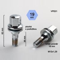 Kolové šrouby M12x1,25x36, ploché s podložkou, chromované, 1ks 