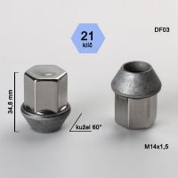 Matice M14x1,5 Ford kužel pohyblivý, klíč 21, uzavřená, nerez. krytka, výška 34,8  